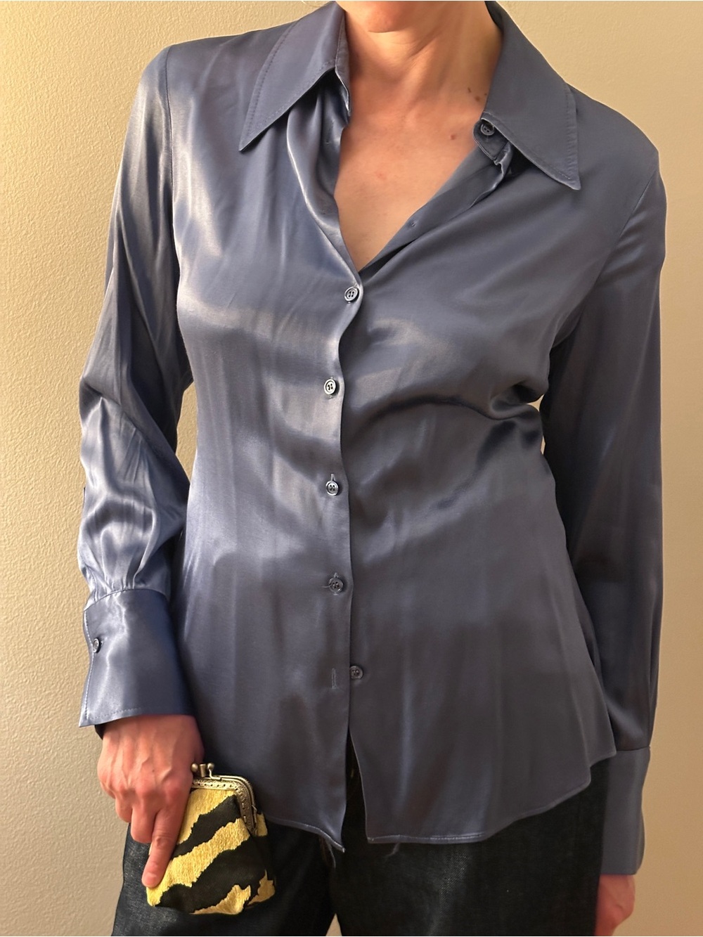 Zara - Slate Blue Satin 90s Style Button-Down Blouse